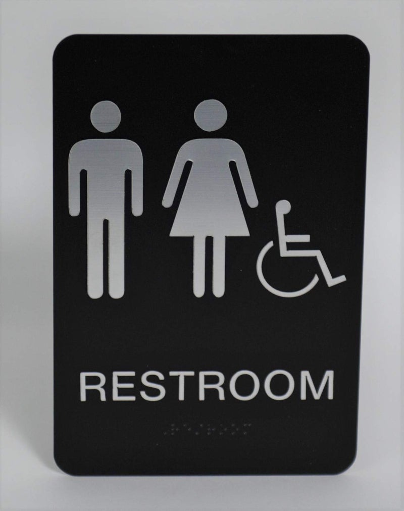 Custom Product Solutions Unisex & Gender Neutral ADA Restroom (Bathroom) Modern Chic Signs w/Braille - Black/Silver - Image 1